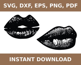 May include: Two black and white silhouette images of lips. The lips are closed and have a textured appearance. The text "SVG, DXF, EPS, PNG, PDF" is at the top of the image and the text "INSTANT DOWNLOAD" is at the bottom of the image.