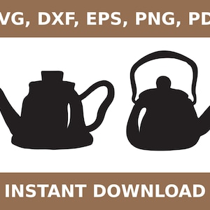 May include: Two black silhouette images of teapots. The teapot on the left has a rounded body and a spout. The teapot on the right has a more traditional shape with a lid and a handle.