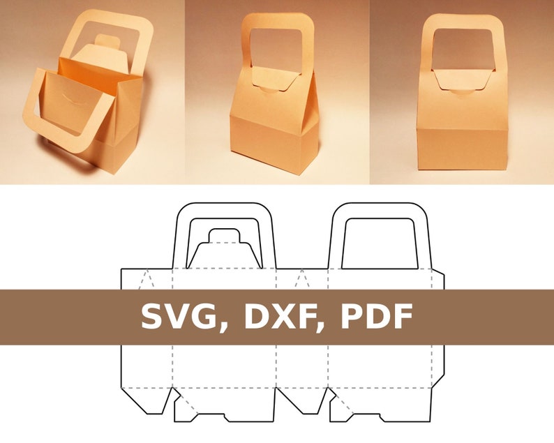 Puede incluir: Tres cajas de regalo color melocot&oacute;n con asas, mostradas desde diferentes &aacute;ngulos. Las cajas est&aacute;n vac&iacute;as y tienen un dise&ntilde;o de asa con ventana. Debajo de las cajas hay un diagrama con el texto "SVG, DXF, PDF".