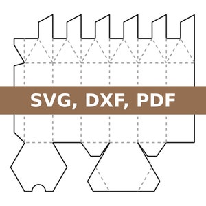 K&ouml;nnte beinhalten: Eine druckbare Vorlage f&uuml;r eine sechseckige Box. Die Vorlage enth&auml;lt Faltlinien und Laschen zum Zusammenbauen. Der Text "SVG, DXF, PDF" ist auf einem braunen Balken oben auf der Vorlage gedruckt.