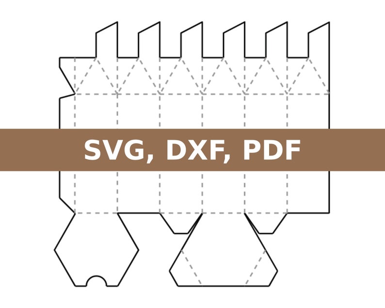 K&ouml;nnte beinhalten: Eine druckbare Vorlage f&uuml;r eine sechseckige Box. Die Vorlage enth&auml;lt Faltlinien und Laschen zum Zusammenbauen. Der Text "SVG, DXF, PDF" ist auf einem braunen Balken oben auf der Vorlage gedruckt.