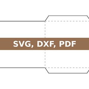 May include: A black and white line drawing of a box with a fold line. The text "SVG, DXF, PDF" is written in brown on a brown rectangle.