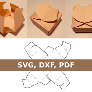 Plantilla de caja para gato, caja con gato, caja de regalo para gato, caja con forma de gato, SVG, PDF, Cricut, Silhouette