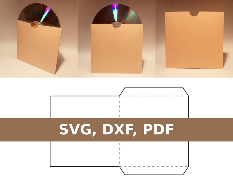 May include: A brown paper envelope with a flap for holding a CD or DVD. The envelope is shown folded and unfolded. The image also includes the text "SVG, DXF, PDF".
