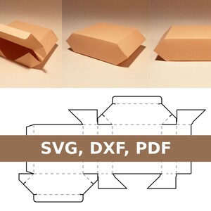 Puede incluir: Un diagrama que muestra cómo doblar una caja a partir de una hoja de papel plana. El diagrama muestra la caja en tres posiciones diferentes, con las líneas de plegado indicadas. El texto "SVG, DXF, PDF" está impreso en una barra marrón en la parte inferior de la imagen.