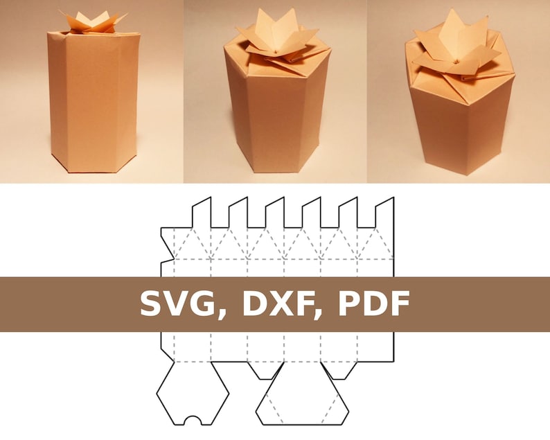 K&ouml;nnte beinhalten: Eine druckbare Vorlage f&uuml;r eine sechseckige Box mit einem sternf&ouml;rmigen Deckel. Die Vorlage enth&auml;lt Faltlinien und Laschen zum Zusammenbauen. SVG-, DXF- und PDF-Formate sind verf&uuml;gbar.