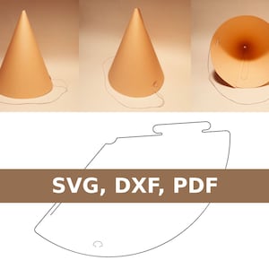 May include: A printable template for a party hat. The template is shown in three stages: flat, folded, and assembled. The template is labeled "SVG, DXF, PDF".