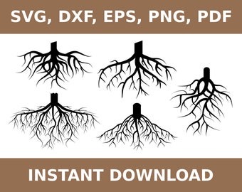 May include: Five black silhouette images of tree roots with different shapes and sizes. The roots are spread out and branching, resembling a network of veins.