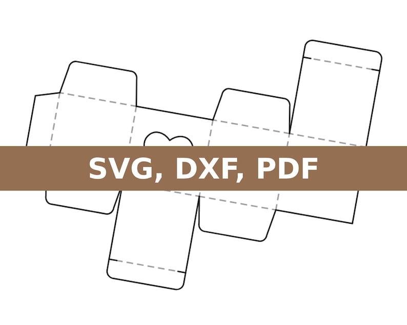 May include: A black and white line drawing of a box with a heart cut-out. The box is designed to be folded and assembled. The text "SVG, DXF, PDF" is printed on a brown bar across the middle of the image.