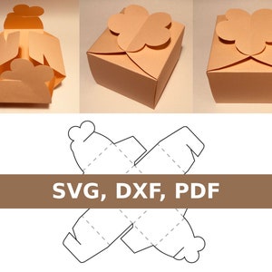 Puede incluir: Se muestran tres cajas de regalo de color melocotón con cierres en forma de corazón, tanto montadas como desmontadas. Debajo, se ve un dibujo lineal de la plantilla de la caja. El texto "SVG, DXF, PDF" se muestra en una pancarta marrón.