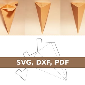 Puede incluir: Una plantilla imprimible para una caja con forma de cono. La plantilla se muestra doblada en forma de cono. La plantilla incluye líneas de pliegue y líneas discontinuas para cortar. El texto "SVG, DXF, PDF" está impreso en una barra marrón.
