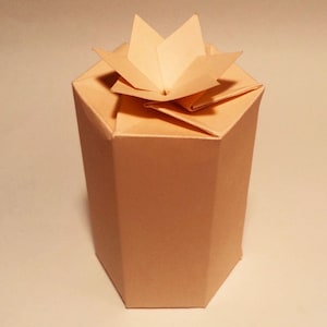 K&ouml;nnte beinhalten: Eine beige achteckige Schachtel mit einem gefalteten Papierstern oben. Die Schachtel ist aus Pappe und hat eine glatte Oberfl&auml;che.