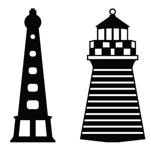 May include: Two black silhouette illustrations of lighthouses. The lighthouse on the left is tall and thin with a rounded top. The lighthouse on the right is shorter and wider with a square top and a checkered pattern.