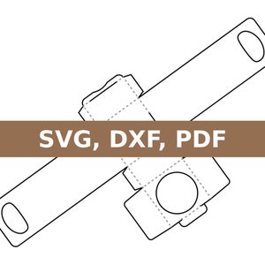 Puede incluir: Un dibujo en blanco y negro de una plantilla de caja para el dise&ntilde;o de un embalaje de producto. La plantilla incluye l&iacute;neas de corte y l&iacute;neas de plegado para un f&aacute;cil montaje. El texto "SVG, DXF, PDF" est&aacute; incluido en la imagen.