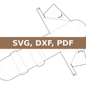 May include: A black and white line drawing of a box template for a small, cylindrical container. The template is labeled "SVG, DXF, PDF".