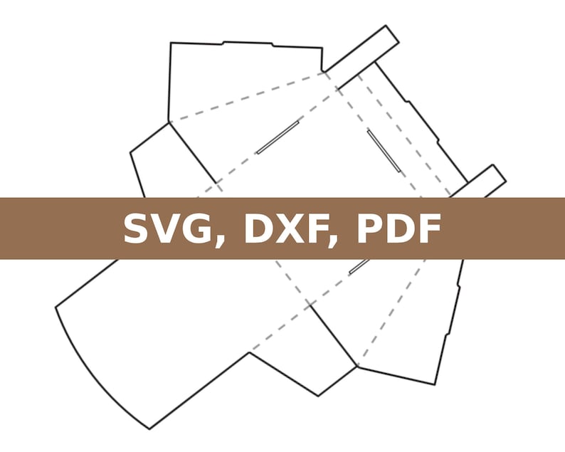 May include: A printable template for a box with a hexagonal base and a pointed top. The template includes fold lines and dashed lines for cutting. The text "SVG, DXF, PDF" is printed on a brown bar across the middle of the image.