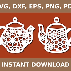 May include: Two white cutout teapots with intricate floral designs. The teapots are on a brown background.  SVG, DXF, EPS, PNG, PDF. INSTANT DOWNLOAD.