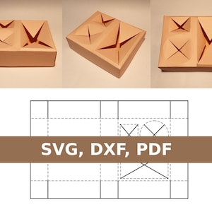 Könnte beinhalten: Ein Diagramm, das zeigt, wie man eine Schachtel mit vier Fächern faltet. Das Diagramm ist mit "SVG, DXF, PDF" beschriftet.