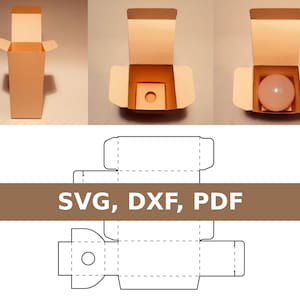 May include: A printable template for a box with a round cutout. The template is shown in a folded and unfolded state. The text "SVG, DXF, PDF" is printed on a brown bar.
