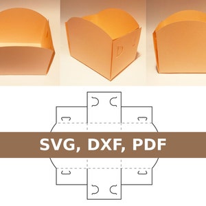 May include: A printable template for a box with a curved top. The template is shown folded into a box and unfolded with fold lines and tabs. The text "SVG, DXF, PDF" is shown on a brown bar.