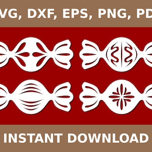 May include: White candy-shaped cutouts with various decorative designs, including floral and geometric patterns, are displayed against a red background. The image includes the text "SVG, DXF, EPS, PNG, PDF" and "INSTANT DOWNLOAD".