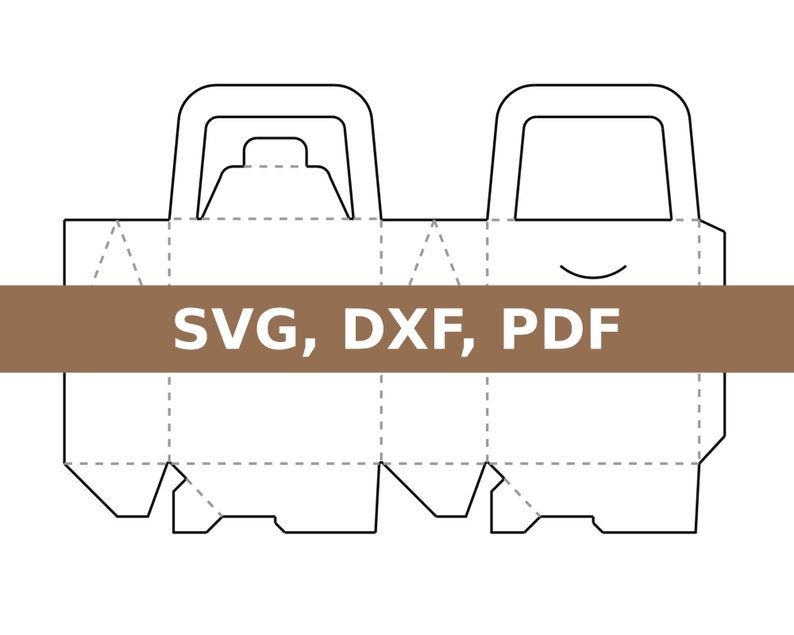 Puede incluir: Dibujo lineal de una caja de dos compartimentos con asa, dise&ntilde;ada para transportar objetos. La caja se muestra desplegada, con l&iacute;neas de puntos que indican d&oacute;nde doblar. El texto "SVG, DXF, PDF" est&aacute; impreso en una pancarta marr&oacute;n.