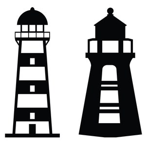 May include: Two black silhouette images of lighthouses. The lighthouse on the left has a rounded top and three windows. The lighthouse on the right has a pointed top and two windows.