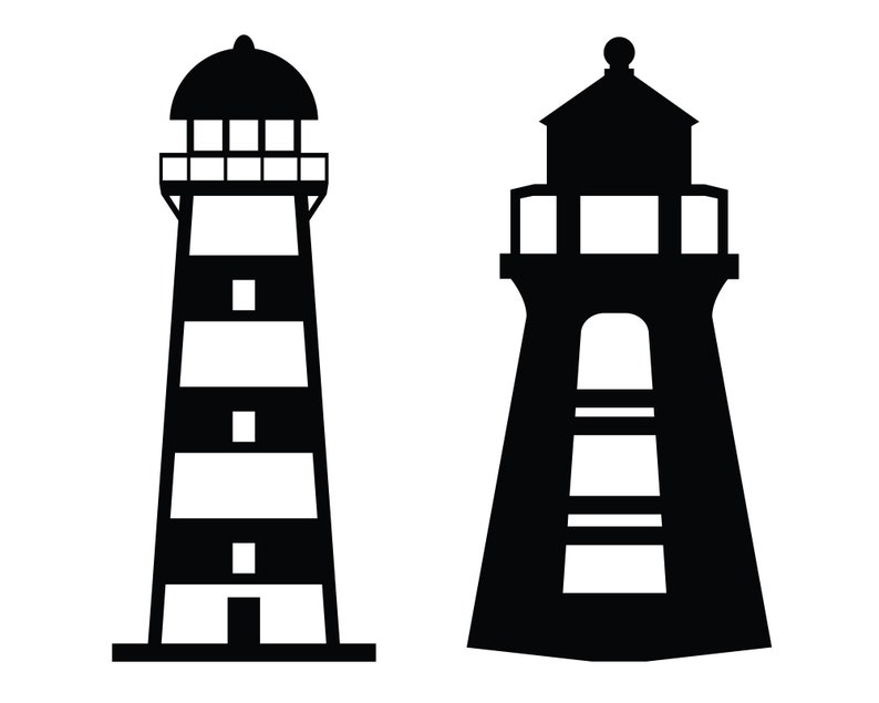 May include: Two black silhouette images of lighthouses. The lighthouse on the left has a rounded top and three windows. The lighthouse on the right has a pointed top and two windows.
