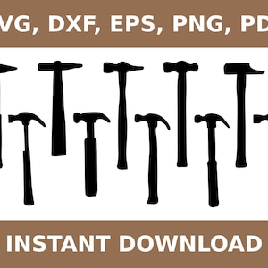 May include: A set of nine black silhouette images of hammers. The hammers are of various sizes and shapes. The images are isolated on a white background.  SVG, DXF, EPS, PNG, PDF. INSTANT DOWNLOAD.