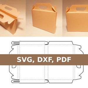 May include: A template for a cardboard box with a handle. The template is printed on white paper and shows the box folded flat. The text "SVG, DXF, PDF" is printed on a brown bar at the top of the template.