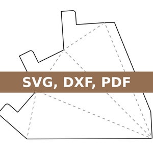 Op de afbeelding: Een zwart-witte lijntekening van een piramidevormige doos met vouwlijnen aangegeven door gestreepte lijnen. De tekst "SVG, DXF, PDF" is gedrukt in bruin op een rechthoekige bruine balk bovenaan de afbeelding.