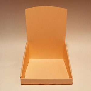 May include: An empty, open, peach-coloured cardboard box with a single flap.