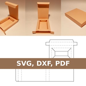 Puede incluir: Una plantilla de caja de embalaje plano para una caja rectangular pequeña. La plantilla se muestra en tres vistas diferentes: plana, parcialmente doblada y completamente ensamblada. La plantilla está etiquetada como "SVG, DXF, PDF".