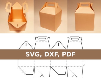 Puede incluir: Una plantilla imprimible para una caja de cartón marrón con asa. La plantilla es para una caja que se puede utilizar para empaquetar regalos u otros artículos. La plantilla está disponible en formatos SVG, DXF y PDF.