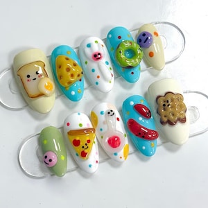 Süße Lebensmittel Press-On Nägel, 3D Cartoon Pizza Donut Cookie Nagel Kunst, Handgefertigte Kawaii Snack Nägel, Bunte Y2K Fun Custom Set, Süßer Custom Nagel
