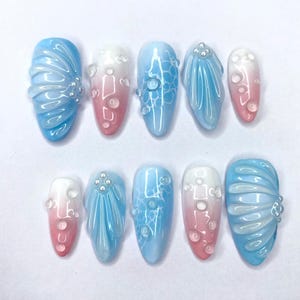 Oceanic Myth Blue Pink Press On Nails, Summer Sea Y2k 3D Gel Press-on Nails Design Art, Short Nails, Wear Nail, Round, Summer beach Gift