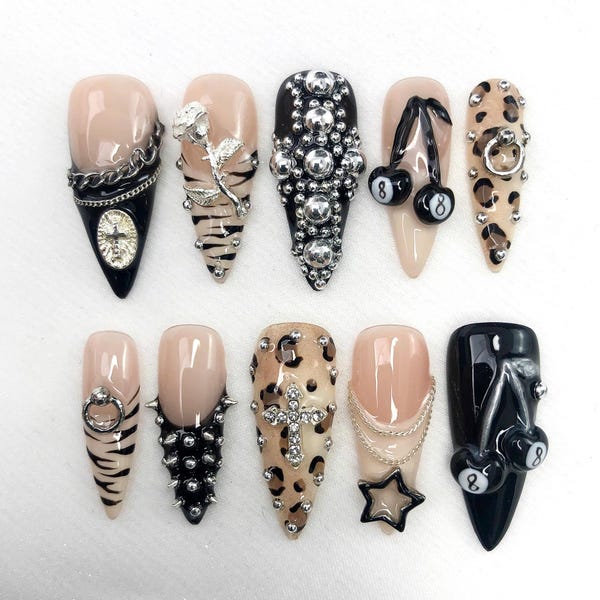 Unhas postiças elegantes e charmosas, unhas postiças para festas de aniversário, unhas postiças personalizadas, unhas amendoadas exclusivas, design luxuoso de acrílico falso feito à mão
