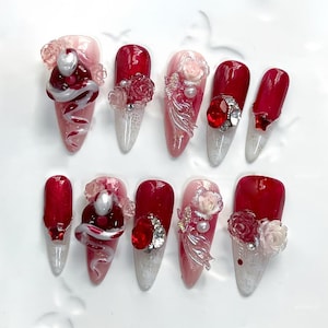Lunar New Year Press On Nails, Handmade Festival Party Red Snake 3D Gel Faux Acrylic , Custom Nails,  Prom/Event/Birthday Nails, Luxury Nail