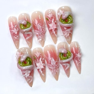 Luxury Snake with Pink Flower 3D Gel Press-on Nails, Handmade Trendy Press On Nails, Party/ Birthday Nails, Custom Cute Nails, Long Nail