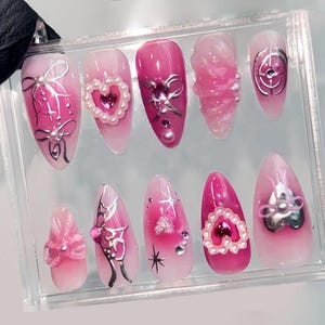 Dreamy Pink Nail Designs, Y2k Style Luxury Handmade Nails Faux Acrylic Nails Art, Custom Nails,Girls Party Nails