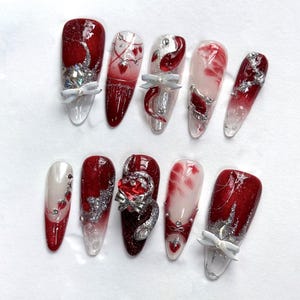 Red Style Lunar New Year Press On Nails, Handmade Festival Party Bow 3D Gel Faux Acrylic , Custom Nails,  Prom/Event Nails, Luxury Nails