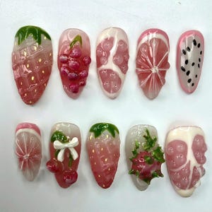 Pink Fruit Press On Nails, Elegant Handmade Dragon Fruit, Strawberry, Cherry Y2k 3D Gel Faux Acrylic, Custom Nails, Prom/Event/Birthday Nail
