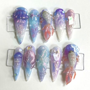 Dreamy Ocean Fantasy Press-On Nails, 3D Jellyfish & Fish Nail Art, Handmade Iridescent Pastel Blue Purple Nails, Custom Mermaid-Inspired Set