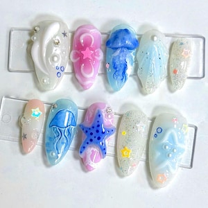 Jellyfish, Starfish Beach Press-On Nails, 3D Starfish Jelly Nail Art, Handmade Summer Ocean Nails, Iridescent Custom Set, Custom NailArt