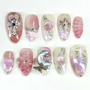 Luxurious Moon Charm Press On Nails, Handmade Pastel Y2k 3D Gel Faux Acrylic Design Nails, Custom Nails, Nailbox, Christmas Gift Party Nails