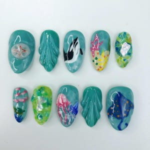 Summer Ocean Shart and Jellyfish Press-On Nails, Handmade Beach Nails Art, Custom Cute Press On Nail Set for Travel & Summer, Gifts For Her