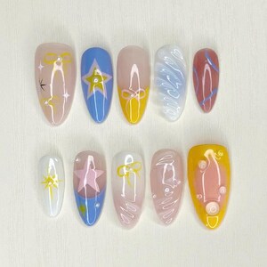Pastel Colors Press On Nails, Star Bow Y2k 3D Gel Press On Nail Design Art, Wear Nail Custom Nails Luxury Round Nailbox, Party Nail Gifts