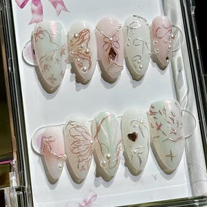 Handmade Pastel Butterfly Wings Pink Press-on Nails, Luxurious White Pink Trending Y2k Style Press On Nails, Party Nails Design, Custom Nail