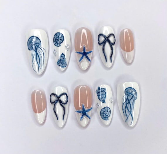 Summer Sea Jellyfish Snail Nails, Trending Y2k Style 3D Gel Press On Nails, Nails Faux Acrylic Design, Dark Custom Nailbox Hand-Painted Art