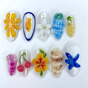 Cherry Flower and Starfish Press On Nails, Elegant Handmade Y2k 3D Gel Faux Acrylic Press-on Nail, Custom Nails,  Custom Nails Gifts For Her